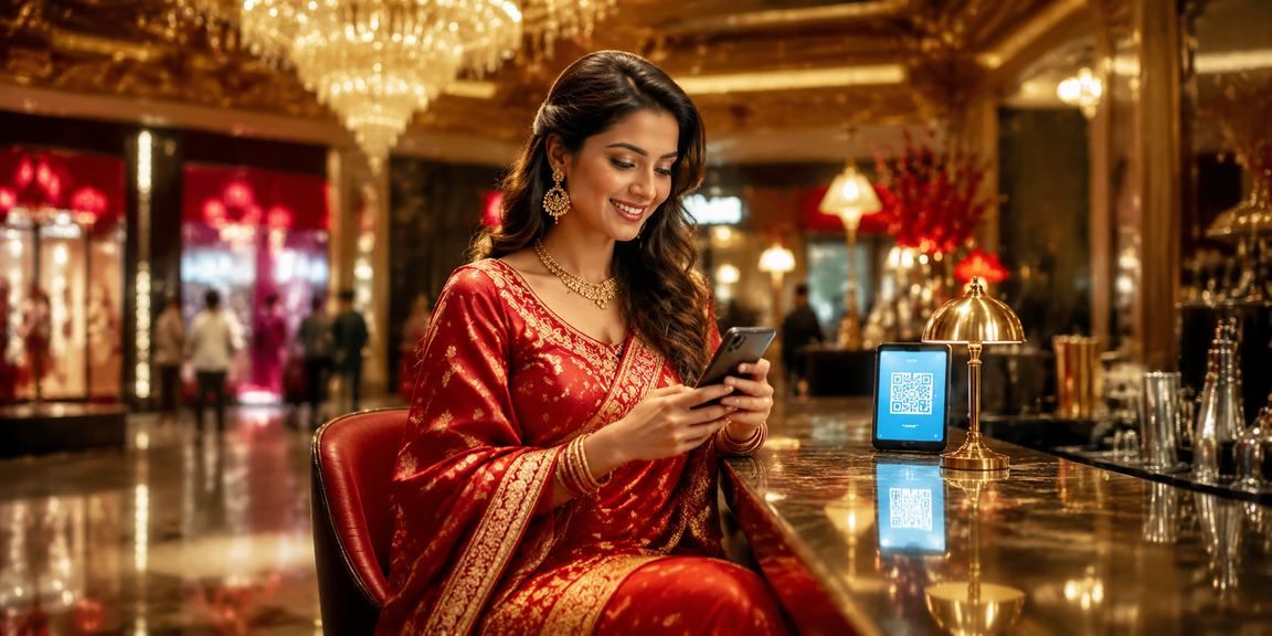 Indian woman using mobile phone for online payment in traditional saree